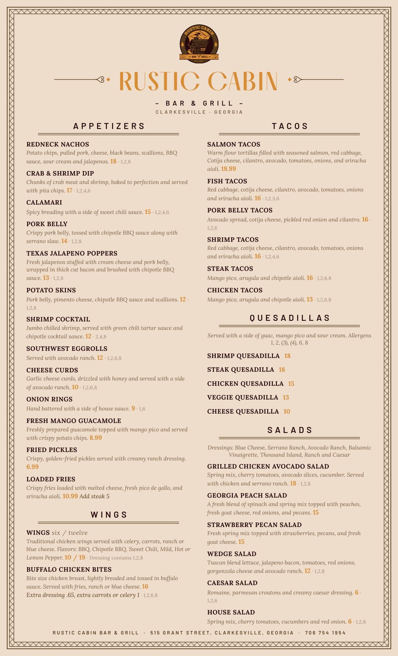The Rustic Cabin Bar & Grill menu, designed by DGB Innovations